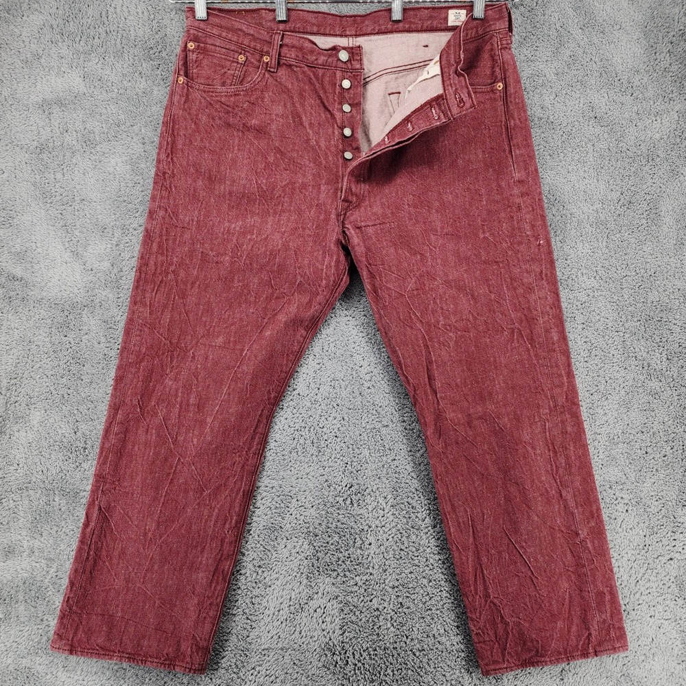 Levis 501 Jeans Mens 42x30 Burgundy White Oak Cone Denim Straight Leg Button Fly